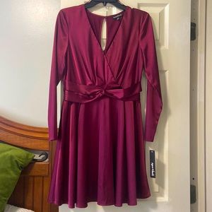 long sleeve satin maroon burgundy cocktail dress short